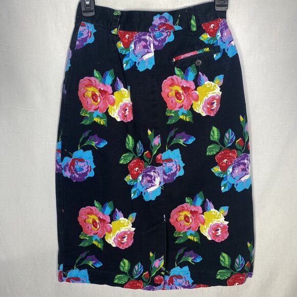 Vintage TANGIBLES Skirt Denim Floral Pleated Midi 1990s Womens 7 8 Black Bright - Picture 2 of 12